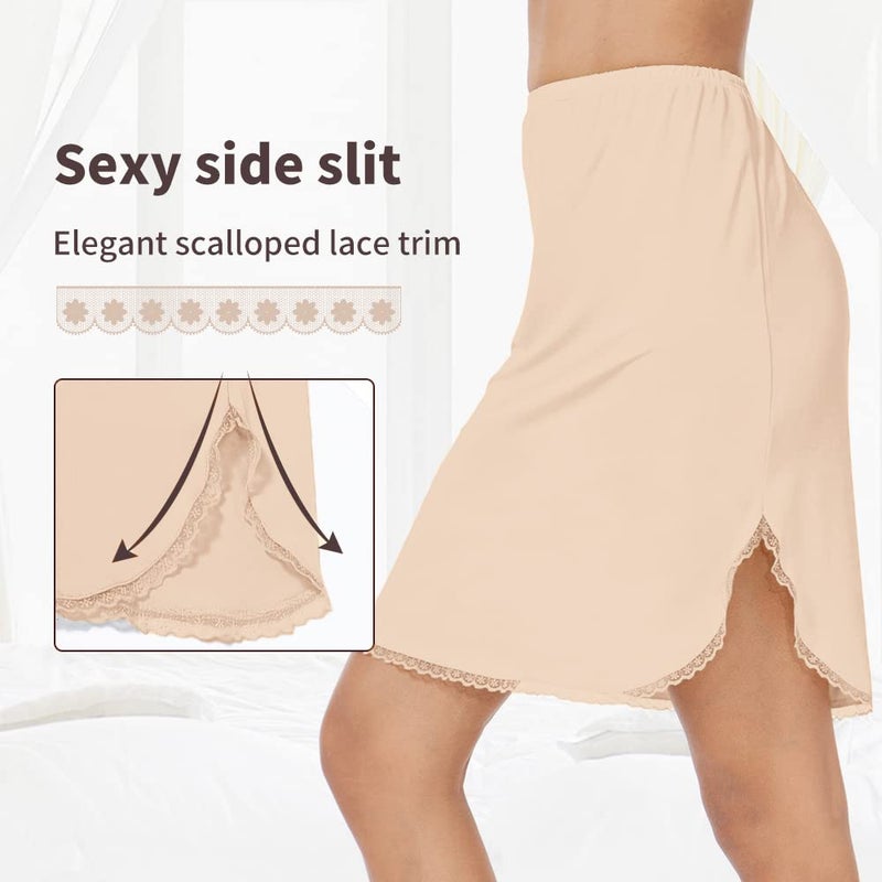 MANCYFIT Half Slips for Women Underskirt Short Mini Skirt with Floral Lace Trim Nude Large - Image 3